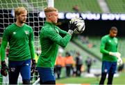 4 September 2021; Republic of Ireland goalkeepers James Talbot, centre, Caoimhin Kelleher, left, and Gavin Bazunu before the FIFA World Cup 2022 qualifying group A match between Republic of Ireland and Azerbaijan at the Aviva Stadium in Dublin. Photo by Seb Daly/Sportsfile