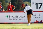 5 September 2021; Jennifer Kupcho of Team USA plays a tee shot from the 17th tee box during the afternoon fourballs on day two of the Solheim Cup at the Inverness Club in Toledo, Ohio, USA. Photo by Brian Spurlock/Sportsfile