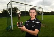 7 September 2021; PwC GPA Women's Player of the Month in camogie for August, Aoife Donohue of Galway with her award today at her home club Mullagh GAA in Loughrea, Galway. Photo by Matt Browne/Sportsfile