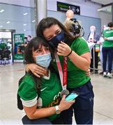 7 September 2021; S6 50m Butterfly Silver medalist Nicole Turner with her mother Bernie Turner, on her return from the Tokyo 2020 Paralympic Games, at Dublin Airport in Dublin.   Photo by Ramsey Cardy/Sportsfile