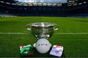 10 September 2021; The Sam Maguire Cup with the Mayo and Tyrone jerseys and official match ball ahead of the GAA Football All-Ireland Senior Championship Final between Mayo and Tyrone at Croke Park in Dublin. Photo by Brendan Moran/Sportsfile