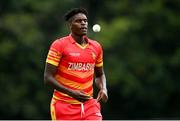 10 September 2021; Richard Ngarava of Zimbabwe during match two of the Dafanews International Cup ODI series between Ireland and Zimbabwe at Stormont in Belfast. Photo by Ramsey Cardy/Sportsfile