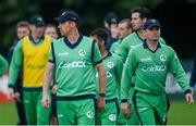 10 September 2021; Craig Young, left, and Andrew McBrine of Ireland following the abandonment of match two of the Dafanews International Cup ODI series between Ireland and Zimbabwe at Stormont in Belfast. Photo by Ramsey Cardy/Sportsfile