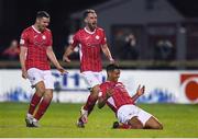 10 September 2021; Ryan De Vries, right, celebrates after scoring his side's second goal with Sligo Rovers team-mates Adam McDonnell, left, and Lewis Banks during the SSE Airtricity League Premier Division match between Sligo Rovers and St Patrick's Athletic at The Showgrounds in Sligo. Photo by Ben McShane/Sportsfile