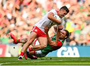 11 September 2021; Darren McCurry of Tyrone in action against Pádraig O'Hora of Mayo during the GAA Football All-Ireland Senior Championship Final match between Mayo and Tyrone at Croke Park in Dublin. Photo by Seb Daly/Sportsfile