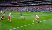 11 September 2021; Niall Sludden of Tyrone blocks a goalbound shot off the line from Conor Loftus of Mayo during the GAA Football All-Ireland Senior Championship Final match between Mayo and Tyrone at Croke Park in Dublin. Photo by Brendan Moran/Sportsfile