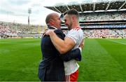 11 September 2021; Niall Sludden of Tyrone celebrates with former Tyrone captain and Sky Sports GAA pundit Peter Canavan after the GAA Football All-Ireland Senior Championship Final match between Mayo and Tyrone at Croke Park in Dublin. Photo by Brendan Moran/Sportsfile
