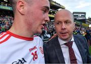 11 September 2021; Former Tyrone captain and Sky Sports GAA pundit Peter Canavan celebrates with his son Darragh Canavan after the GAA Football All-Ireland Senior Championship Final match between Mayo and Tyrone at Croke Park in Dublin. Photo by Brendan Moran/Sportsfile