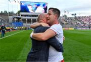 11 September 2021; Kieran McGeary of Tyrone celebrates with former Tyrone captain and Sky Sports GAA pundit Peter Canavan after the GAA Football All-Ireland Senior Championship Final match between Mayo and Tyrone at Croke Park in Dublin. Photo by Brendan Moran/Sportsfile