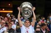 11 September 2021; Paul Donaghy of Tyrone lifts the Sam Maguire Cup following the GAA Football All-Ireland Senior Championship Final match between Mayo and Tyrone at Croke Park in Dublin. Photo by Stephen McCarthy/Sportsfile