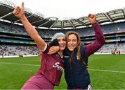12 September 2021; Galway players Emma Helebert, left, and Heather Cooney celebrate after their side's victory in the All-Ireland Senior Camogie Championship Final match between Cork and Galway at Croke Park in Dublin. Photo by Piaras Ó Mídheach/Sportsfile