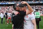 11 September 2021; Tyrone joint-manager Brian Dooher celebrates with Matthew Donnelly after their side's victory in the GAA Football All-Ireland Senior Championship Final match between Mayo and Tyrone at Croke Park in Dublin. Photo by Piaras Ó Mídheach/Sportsfile