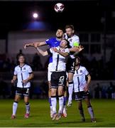 17 September 2021; Kosovar Sadiki of Finn Harps in action against Cameron Dummigan, below, and Andy Boyle of Dundalk during the extra.ie FAI Cup Quarter-Final match between Finn Harps and Dundalk at Finn Park in Ballybofey, Donegal. Photo by Ramsey Cardy/Sportsfile