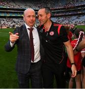 11 September 2021; Tyrone joint-manager Brian Dooher, right, with former Tyrone player Peter Canavan after the GAA Football All-Ireland Senior Championship Final match between Mayo and Tyrone at Croke Park in Dublin. Photo by Ramsey Cardy/Sportsfile