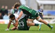 10 September 2021; Curtis Rona of London Irish is tackled by Shayne Bolton, 13, and Cian Prendergast of Connacht during the pre-season friendly match between Connacht and London Irish at The Sportsground in Galway. Photo by Piaras Ó Mídheach/Sportsfile