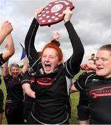 25 September 2021; Longford RFC captain Hannah Shea of Longford RFC lifts the Paul Cusack plate after the Bank of Ireland Paul Cusack plate final match between Greystones and Longford at Tullow RFC in Carlow. Photo by Michael P Ryan/Sportsfile