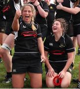 25 September 2021; Leanne Keegan, left, and Emma Dardis of Longford RFC celebrate after the Bank of Ireland Paul Cusack plate final match between Greystones and Longford at Tullow RFC in Carlow. Photo by Michael P Ryan/Sportsfile