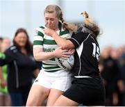 25 September 2021; Clare Looney of Greystones RFC is tackled by Leanne Keegan of Longford RFC during the Bank of Ireland Paul Cusack plate final match between Greystones and Longford at Tullow RFC in Carlow. Photo by Michael P Ryan/Sportsfile