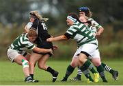 25 September 2021; Leanne Keegan of Longford RFC is tackled by Sophie Carr of Greystones RFC during the Bank of Ireland Paul Cusack plate final match between Greystones and Longford at Tullow RFC in Carlow. Photo by Michael P Ryan/Sportsfile