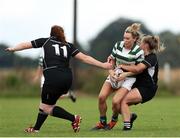 25 September 2021; Leah O’Doherty of Greystones RFC is tackled by Leona Hoare of Longford RFC during the Bank of Ireland Paul Cusack plate final match between Greystones and Longford at Tullow RFC in Carlow. Photo by Michael P Ryan/Sportsfile