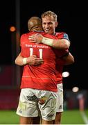 25 September 2021; Simon Zebo of Munster celebrates with team-mate Mike Haley after scoring their side's sixth try during the United Rugby Championship match between Munster and Cell C Sharks at Thomond Park in Limerick. Photo by Seb Daly/Sportsfile