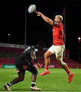 25 September 2021; Dan Goggin of Munster in action against Fez Mbatha of Cell C Sharks during the United Rugby Championship match between Munster and Cell C Sharks at Thomond Park in Limerick. Photo by Seb Daly/Sportsfile