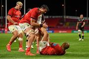 25 September 2021; Simon Zebo of Munster, right, is congratulated by team-mate Thomas Ahern after scoring their side's sixth try during the United Rugby Championship match between Munster and Cell C Sharks at Thomond Park in Limerick. Photo by Seb Daly/Sportsfile