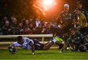 1 October 2021; Lizo Gqoboka of Vodacom Bulls dives over to score his side's first try during the United Rugby Championship match between Connacht and Vodacom Bulls at The Sportsground in Galway. Photo by Harry Murphy/Sportsfile