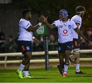 1 October 2021; Lizo Gqoboka of Vodacom Bulls, left, celebrates after scoring his side's first try with Lionel Mapoe during the United Rugby Championship match between Connacht and Vodacom Bulls at The Sportsground in Galway. Photo by Harry Murphy/Sportsfile