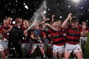 1 October 2021; Dublin University FC players celebrate after their victory in the Metropolitan Cup Final match between Dublin University FC and Terenure College at Energia Park in Dublin. Photo by Ben McShane/Sportsfile