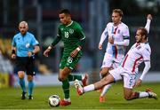 8 October 2021; Tyreik Wright of Republic of Ireland in action against Loris Bernardy of Luxembourg during the UEFA European U21 Championship Qualifier match between Republic of Ireland and Luxembourg at Tallaght Stadium in Dublin.  Photo by Eóin Noonan/Sportsfile