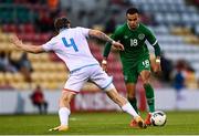 8 October 2021; Tyreik Wright of Republic of Ireland in action against Kevin D'Anzico of Luxembourg during the UEFA European U21 Championship Qualifier match between Republic of Ireland and Luxembourg at Tallaght Stadium in Dublin.  Photo by Eóin Noonan/Sportsfile
