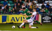 8 October 2021; Liam Kerrigan of Republic of Ireland is tackled by Franz Sinner of Luxembourg resulting in a penalty during the UEFA European U21 Championship Qualifier match between Republic of Ireland and Luxembourg at Tallaght Stadium in Dublin.  Photo by Eóin Noonan/Sportsfile