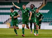 8 October 2021; Conor Coventry of Republic of Ireland, second from left, celebrates with team-mates, from left, Liam Kerrigan, Joshua Ogunfaolu-Kayode and Tyreik Wright,  after scoring his side's second goal, a penalty, during the UEFA European U21 Championship Qualifier match between Republic of Ireland and Luxembourg at Tallaght Stadium in Dublin.  Photo by Sam Barnes/Sportsfile