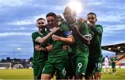 8 October 2021; Conor Coventry of Republic of Ireland, second from left, celebrates with team-mates, from left, Ross Tierney, Joshua Ogunfaolu-Kayode and Tyreik Wright, after scoring his side's second goal, a penalty, during the UEFA European U21 Championship Qualifier match between Republic of Ireland and Luxembourg at Tallaght Stadium in Dublin.  Photo by Sam Barnes/Sportsfile