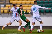 8 October 2021; Tyreik Wright of Republic of Ireland in action against Kevin D'Anzico, left, and Edin Osmanovic of Luxembourg during the UEFA European U21 Championship Qualifier match between Republic of Ireland and Luxembourg at Tallaght Stadium in Dublin.  Photo by Sam Barnes/Sportsfile