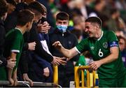 8 October 2021; Conor Coventry of Republic of Ireland celebrates with supporters after his side's victory in the UEFA European U21 Championship Qualifier match between Republic of Ireland and Luxembourg at Tallaght Stadium in Dublin.  Photo by Sam Barnes/Sportsfile