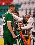 8 October 2021; Jake O'Brien of Republic of Ireland celebrates with his mother Richella Bennett, from Youghal in Cork, after the UEFA European U21 Championship Qualifier match between Republic of Ireland and Luxembourg at Tallaght Stadium in Dublin.  Photo by Sam Barnes/Sportsfile