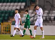 8 October 2021; Edin Osmanovic of Luxembourg, right, leaves the field dejected after his side's defeat in the UEFA European U21 Championship Qualifier match between Republic of Ireland and Luxembourg at Tallaght Stadium in Dublin.  Photo by Sam Barnes/Sportsfile