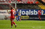 9 October 2021; Noelle Murray of Shelbourne shoots to score her side's first goal during the EVOKE.ie FAI Women's Cup Semi-Final match between Shelbourne and Galway WFC at Tolka Park in Dublin. Photo by Eóin Noonan/Sportsfile