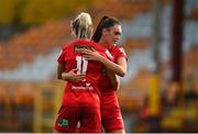 9 October 2021; Jess Gargan of Shelbourne celebrates with team-mate Saoirse Noonan after the EVOKE.ie FAI Women's Cup Semi-Final match between Shelbourne and Galway WFC at Tolka Park in Dublin. Photo by Eóin Noonan/Sportsfile