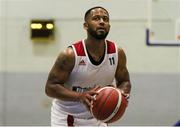 9 October 2021; Lawrence 'Puff' Summers of Griffith College Templeogue during the InsureMyVan.ie Men's Super League North Conference match between DCU St Vincent's and Griffith College Templeogue at DCU Sports Complex in Dublin. Photo by Daniel Tutty/Sportsfile