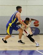 9 October 2021; Lawrence 'Puff' Summers of Griffith College Templeogue in action against Kev Hughes of DCU St. Vincent's during the InsureMyVan.ie Men's Super League North Conference match between DCU St Vincent's and Griffith College Templeogue at DCU Sports Complex in Dublin. Photo by Daniel Tutty/Sportsfile