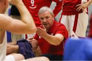 9 October 2021; Griffith College Templeogue head coach Mark Keenan speaks to his team during a timeout during the InsureMyVan.ie Men's Super League North Conference match between DCU St Vincent's and Griffith College Templeogue at DCU Sports Complex in Dublin. Photo by Daniel Tutty/Sportsfile
