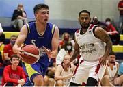 9 October 2021; Kev Hughes of DCU St. Vincent's in action against Lawrence 'Puff' Summers of Griffith College Templeogue during the InsureMyVan.ie Men's Super League North Conference match between DCU St Vincent's and Griffith College Templeogue at DCU Sports Complex in Dublin. Photo by Daniel Tutty/Sportsfile