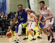 9 October 2021; Julius Brooks of DCU St. Vincent's in action against Callum McGrail of Griffith College Templeogue during the InsureMyVan.ie Men's Super League North Conference match between DCU St Vincent's and Griffith College Templeogue at DCU Sports Complex in Dublin. Photo by Daniel Tutty/Sportsfile