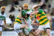 10 October 2021; Eoin Cody of Ballyhale Shamrocks is tackled by Daragh Wafer, left, and Conor Murphy of Bennettsbridge during the Kilkenny County Senior Hurling Championship quarter-final match between Bennettsbridge and Ballyhale Shamrocks at UPMC Nowlan Park in Kilkenny. Photo by Piaras Ó Mídheach/Sportsfile