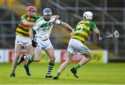 10 October 2021; TJ Reid of Ballyhale Shamrocks in action against Kevin Blanchfield, left, and Conor Murphy of Bennettsbridge during the Kilkenny County Senior Hurling Championship quarter-final match between Bennettsbridge and Ballyhale Shamrocks at UPMC Nowlan Park in Kilkenny. Photo by Piaras Ó Mídheach/Sportsfile