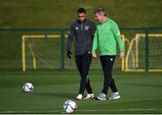 11 October 2021; Manager Stephen Kenny and Adam Idah during a Republic of Ireland training session at the FAI National Training Centre in Abbotstown, Dublin. Photo by Stephen McCarthy/Sportsfile