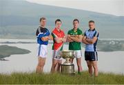 23 July 2013; Footballers, from left, Owen Lennon, Monaghan, Cillian O'Connor, Mayo, Jonathan Lyne, Kerry, and Eoghan O'Gara, Dublin, are photographed in front of Dunlewy Lake at the official launch of the 2013 GAA Football Championship All-Ireland Series. Dunlewy, Co. Donegal. Picture credit: Stephen McCarthy / SPORTSFILE